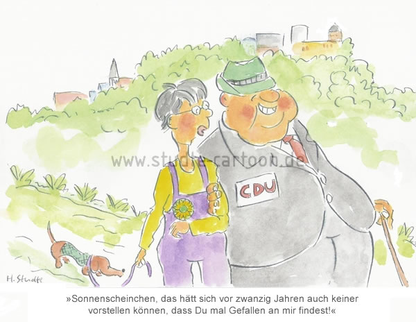 CDU und Grüne regieren gemeinsam in Hessen - "Sonnenscheinchen, das hätt sich vor zwanzig Jahren auch keiner vorstellen können, dass Du mal Gefallen an mir findest!" - Cartoon von Henning Studte